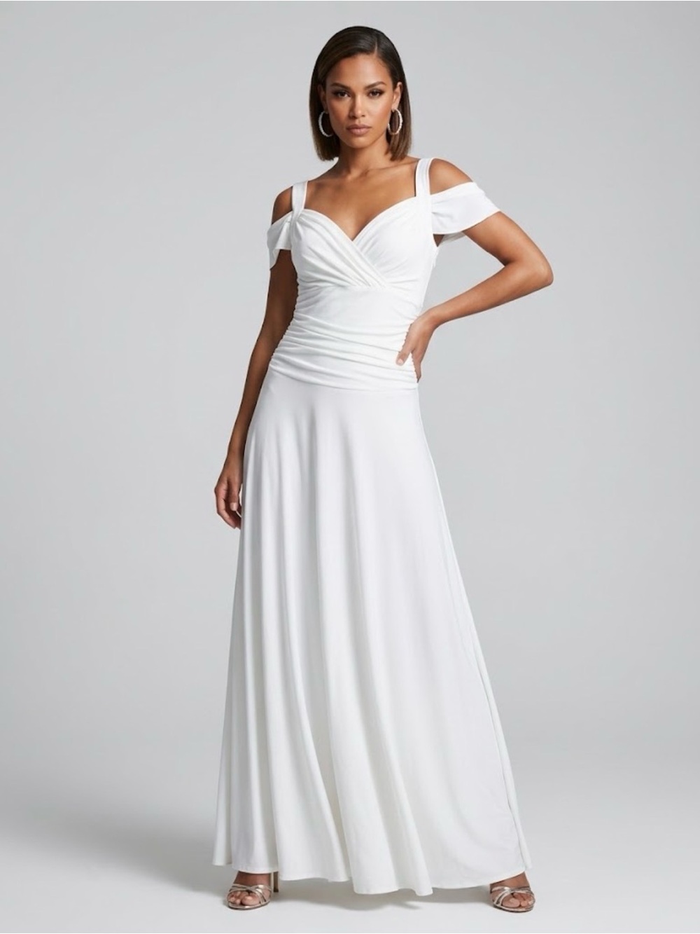 NWT Evanese White Ruched Off-The-Shoulder Formal Maxi Gown